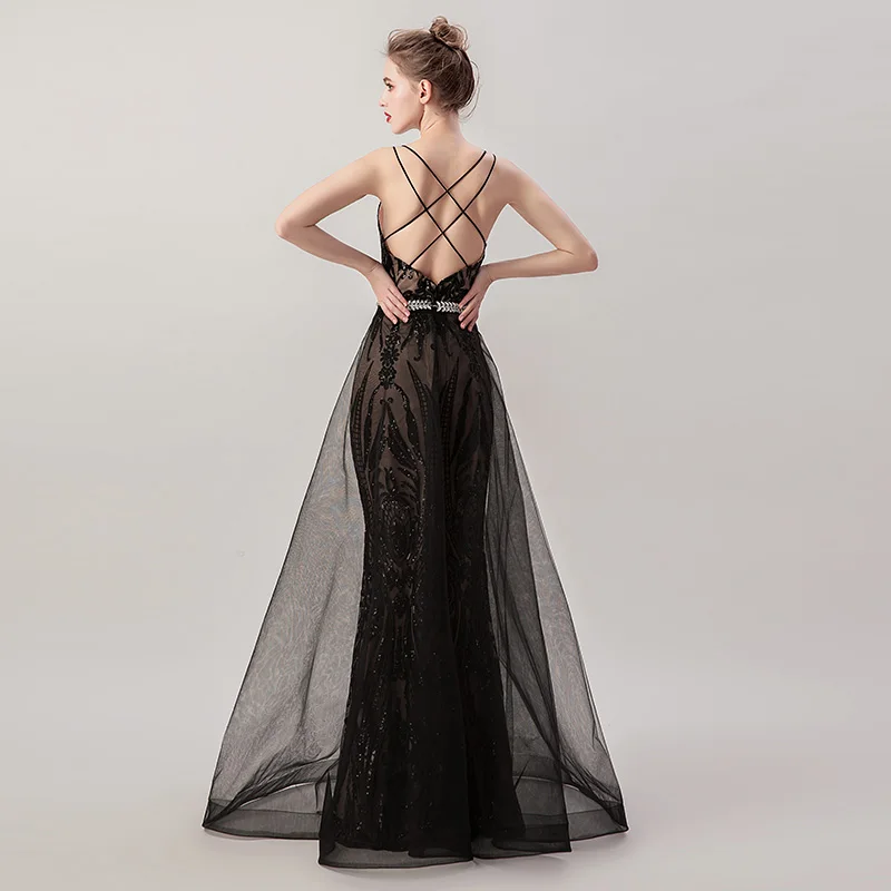 Robe De Soiree, Русалка, вечерние платья, съемный v-образный вырез, аппликация, сексуальный пояс, кристалл, тюль, вечерние платья, реальные фотографии, WT5265