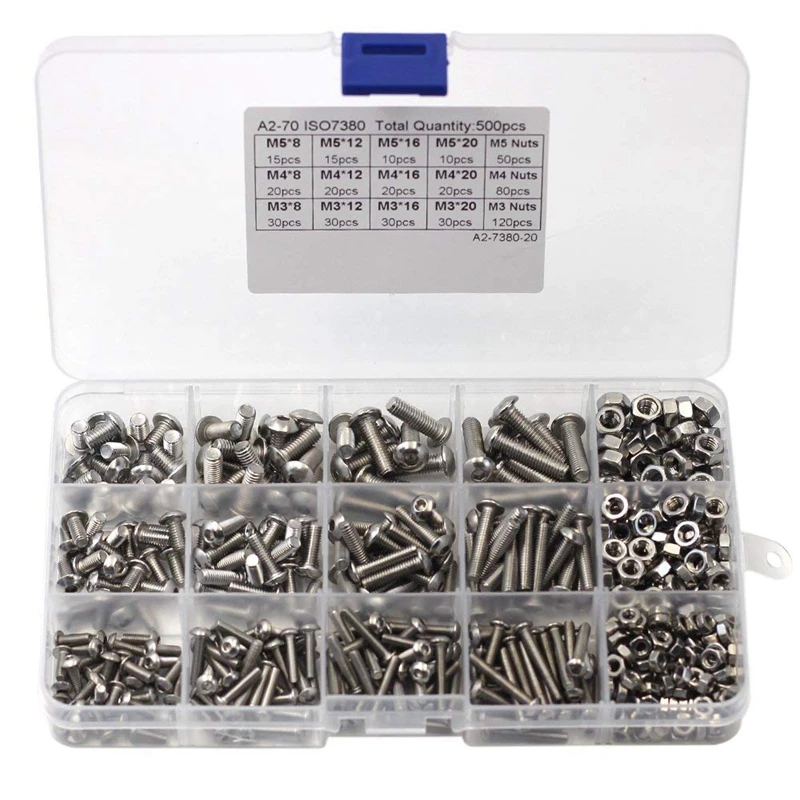 500Pcs M3 M4 M5 Stainless Steel Machine Screws and Nut Kits Hex Socket Button Head Cap Bolts Screws with Nuts Assortment Kit 5