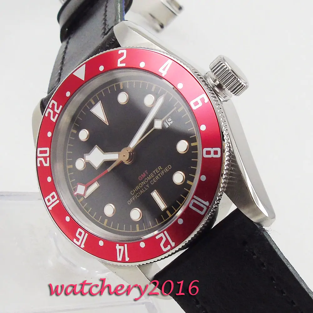 

41mm Corgeut Sterile Black Dial Red Rotating Bezel Sapphire Glass GMT Date Window Luminous Steel Automatic Movement men's Watch
