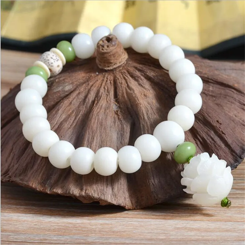 

Tibetan Buddha Mala Beads Bracelet cream lotus Natural White Bodhi Seed Olive Nut rosary Unisex Prayer Yoga Meditation jewelry