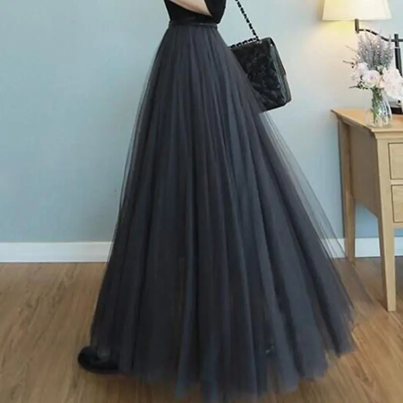

Spring Summer Tulle Long Skirts Womens Mesh Maxi High Waist Pleated Skirt Elegant Streetwear Harajuku Casual Tutu Skirts Q1200