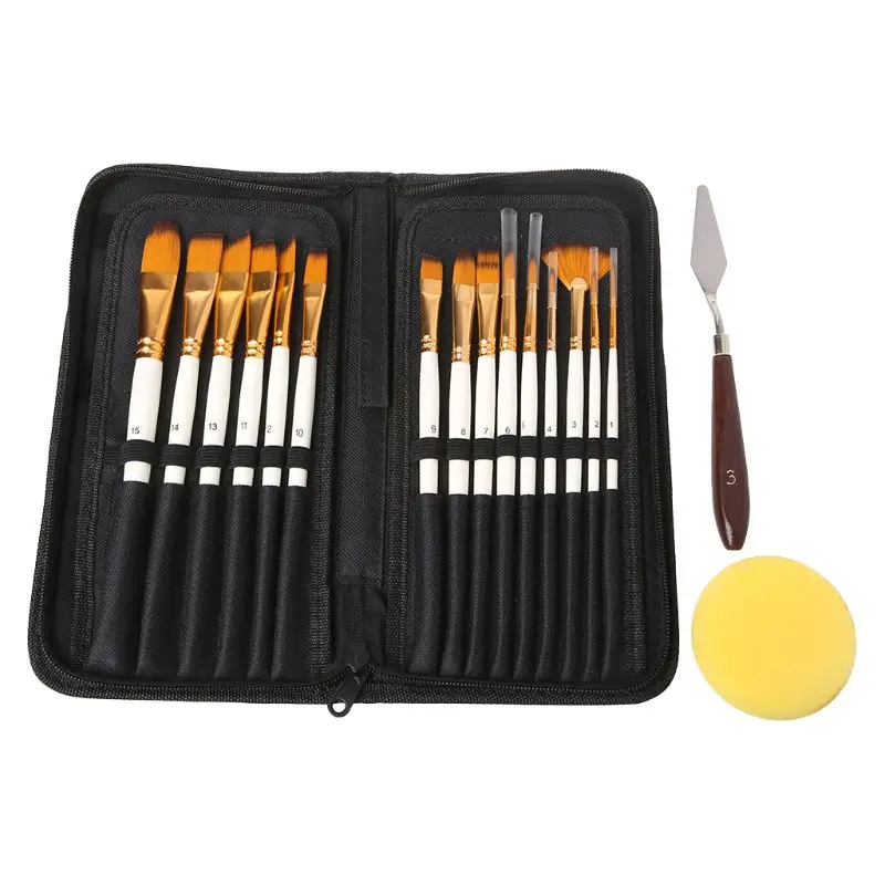 

15pcs/set Oil Watercolor Brush Nylon Hair Sponge Artist Different Shapes Painting Supplies