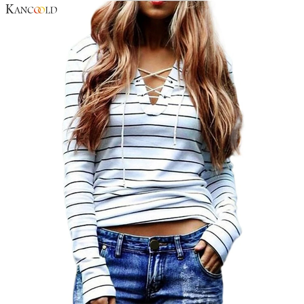 

Women Fashion Black Stripe V Neck Lace-up Long Sleeve Cotton T-shirt Girls Casual Tops Undershirt Lady Spring Autumn New Aug25