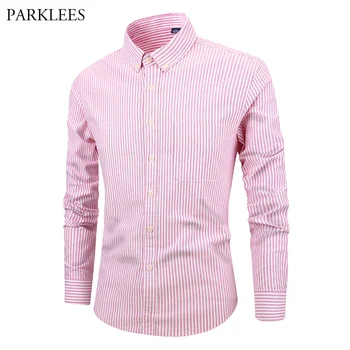 

Red White Striped Oxford Cotton Shirt Men Harajuku Regular Fit Mens Dress Shirts With Chest Pocket Preppy Style Male Blouses 4XL