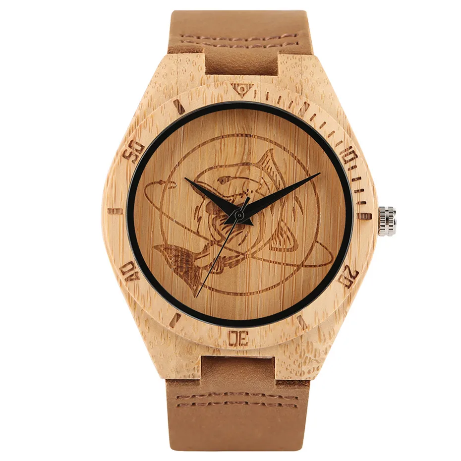 Creative Wood Watch Shark Fish Mens Womens Fashion Natural Bamboo Quartz Wrist Watch Sport Casual Wooden Leather Lucky Gifts Clock Relogio  (1)