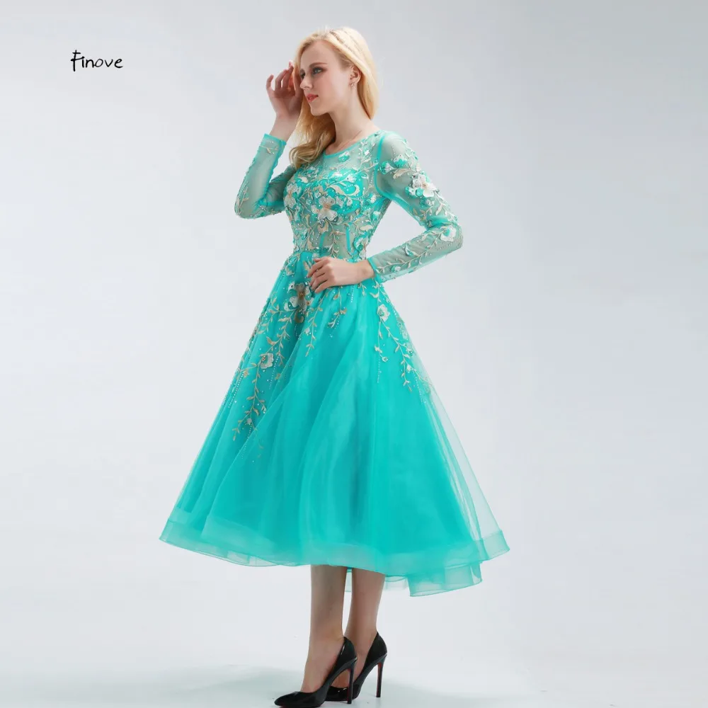 Finove Vestido de Festa бисерные платья для выпускного вечера совок шеи с длинным рукавом Тюль Ткань с прозрачным чай-длина платья для выпускного вечера