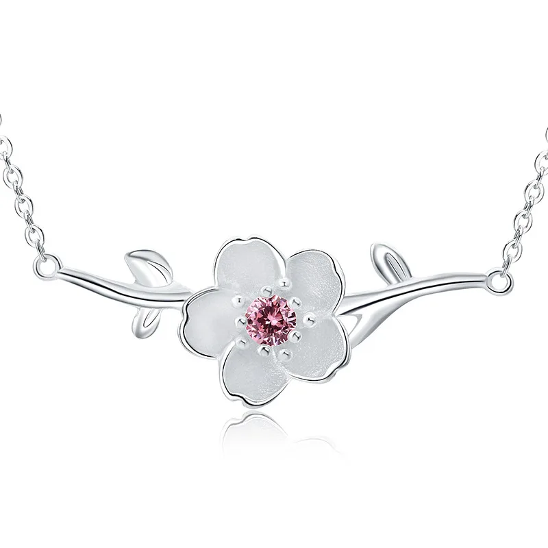 

Elegant Cherry Flower Crystal 925 Sterling Silver Lady Pendant Necklaces Original Jewelry For Women No Fade Short Chains Gift