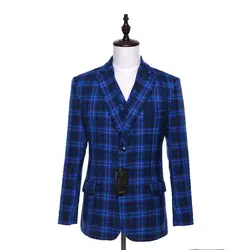 Шерсть синий плед английский стиль мужские костюмы, куртки, брюки формальное платье мужской костюм набор свадебные костюмы смокинги для