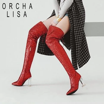 

ORCHA LISA Womens Over the knee boots crystal clear heel thigh high boots cosplay party booties Shoes women Botas feminino