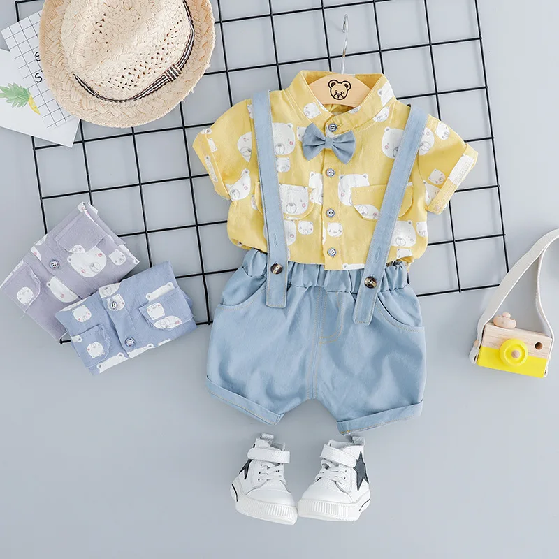 

Gentlemen's Toddler Cartoon Shirt And Belt Shorts 2pcs Baby Boy Set Summer Short Sleeve Newborn Outfit Wedding Party Casual Suit