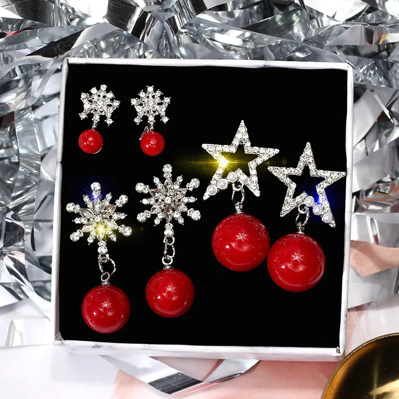 

Korean Handmade Silver Needle Anti-allergy Red beads Snowflake Rhinestone Drop Dangle Earrings Fashion Jewelry-BYD5