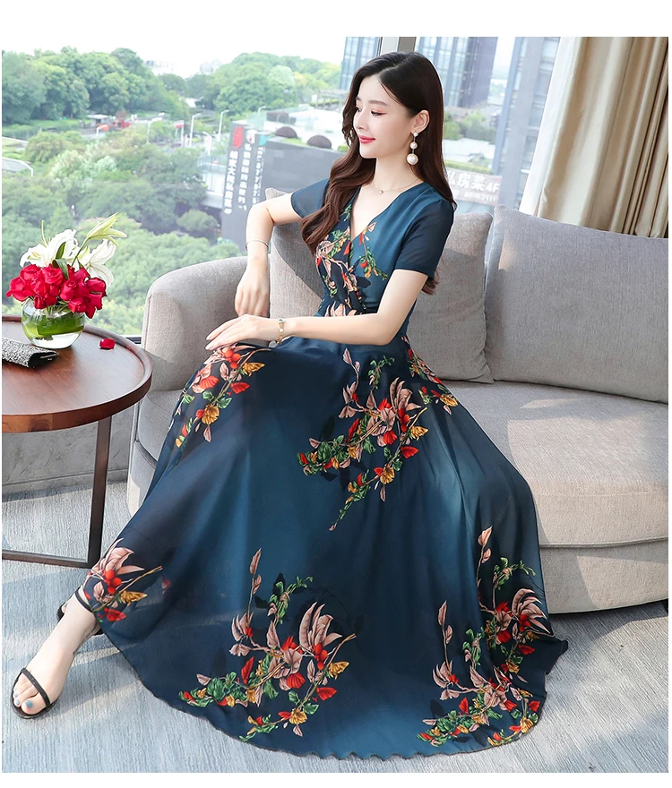 Loose Large Size Beach Vacation Dress New Arrival Print Chiffon Dress V Neck Fashion Elegant midi dress Casual korean dress