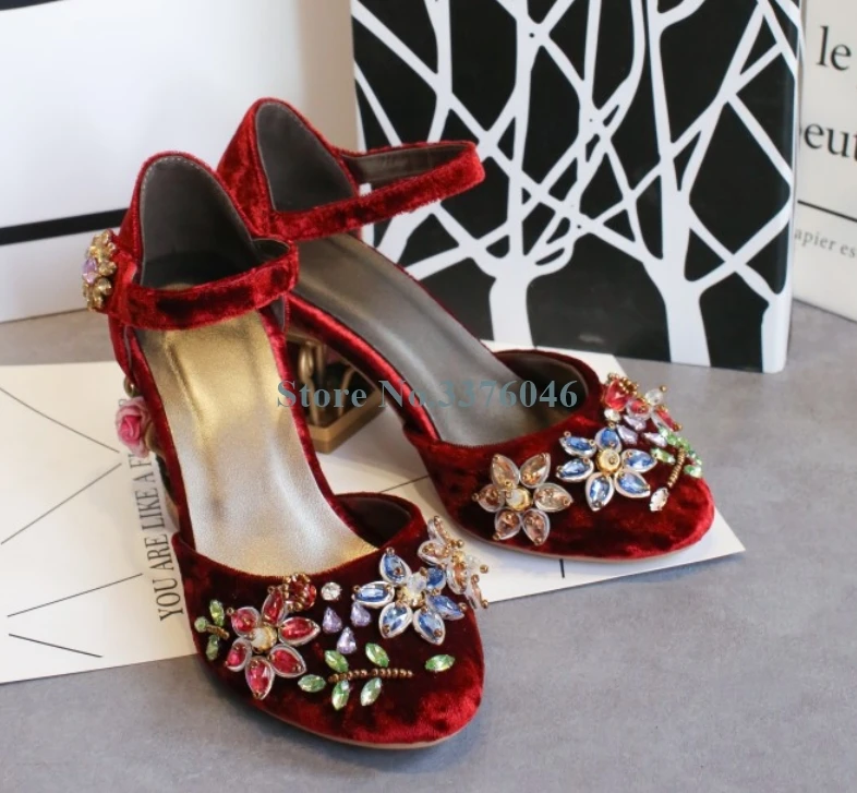 Бархатные туфли-лодочки в стиле ретро на каблуке с круглым носком, украшенные стразами и цветком, с пряжкой на ремешке, обувь для торжеств