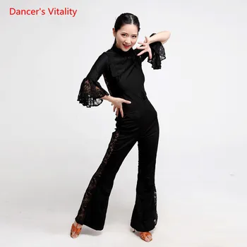 

Latin Dance suits Lace hollow out horn Sleeves top and pants 2pcs set for Women Latin Dance Ballroom Dance Practice Costumes