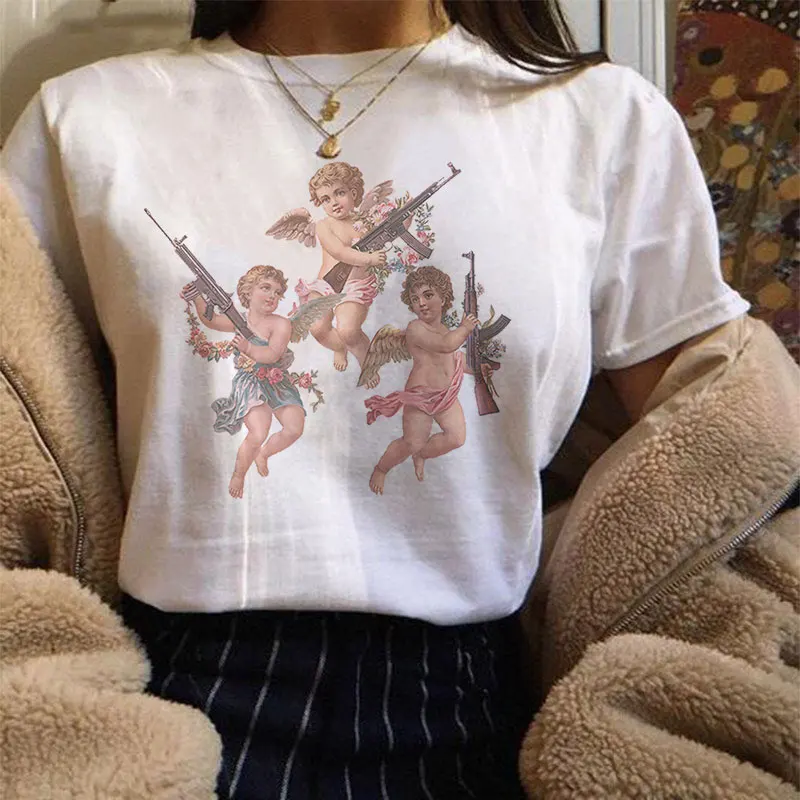 

Summer 2019 Harajuku Kawaii Angel Michelangelo Aesthetics Couple TShirt Women Vogue Casual Print Short Sleeve Top Camiseta Mujer