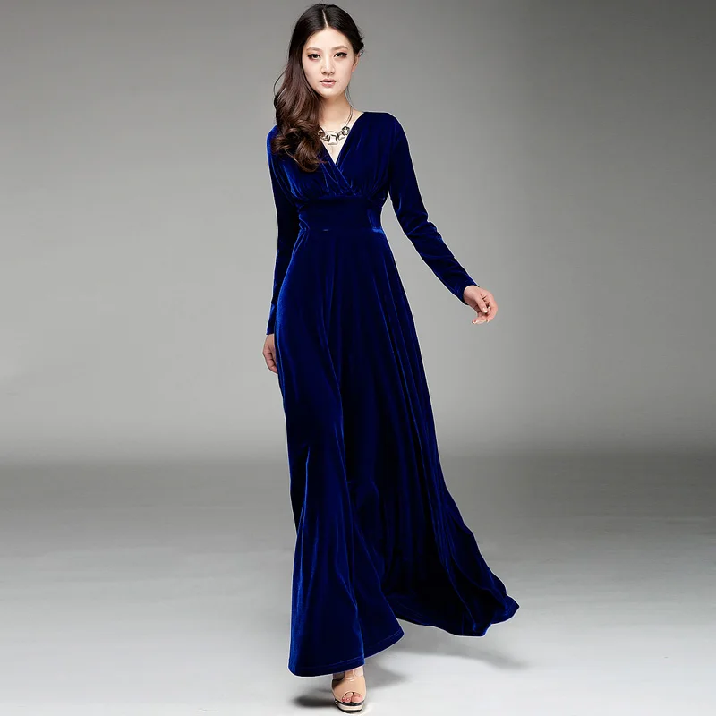 long sleeve floor length velvet long dress plus size women casual dress