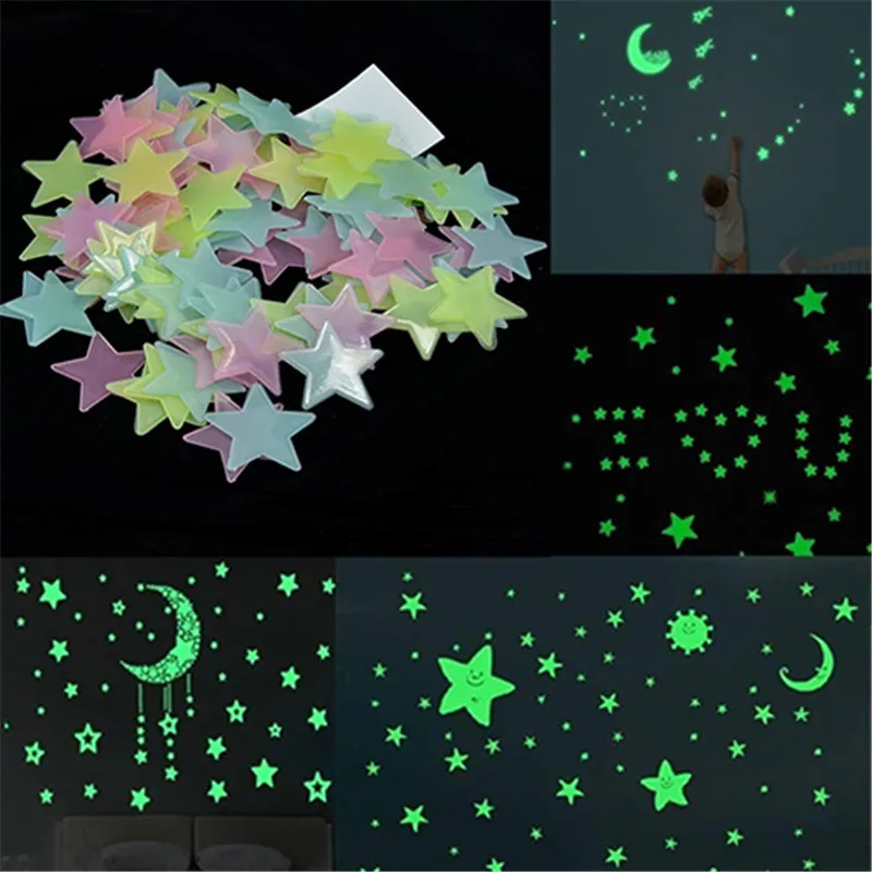 100Pcs 3D Stars Glow In The Dark Ceiling Wall Stickers 