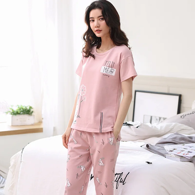 Милый кролик новинка хлопок пижамы для женщин девочек пижамный комплект эластичный с коротким рукавом Капри по талии пижамы, одежда для отдыха S84805