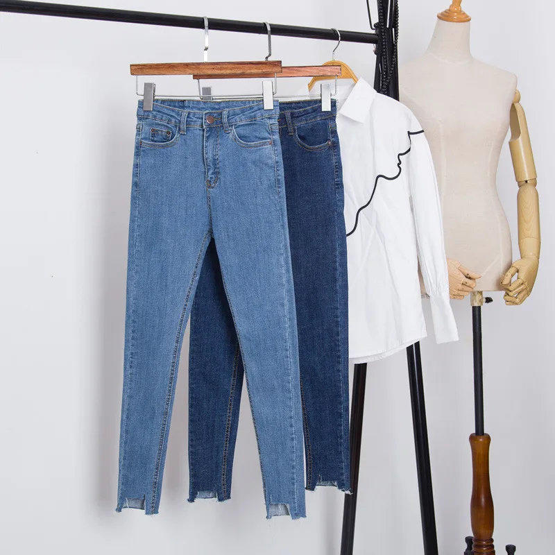 

Blue Skinny Jeans Woman Slim Pencil Denim Pants Ripped Jeans For Women High Waist Stretch Capris Ladies Jeans Femme