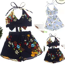 Сексуальная Женская шелковая пляжная одежда с принтом, без рукавов, бандажный жилет, блузка+ шорты, комплект из двух предметов, одежда для плавания, висящий на шее, купальник, бюстгальтер