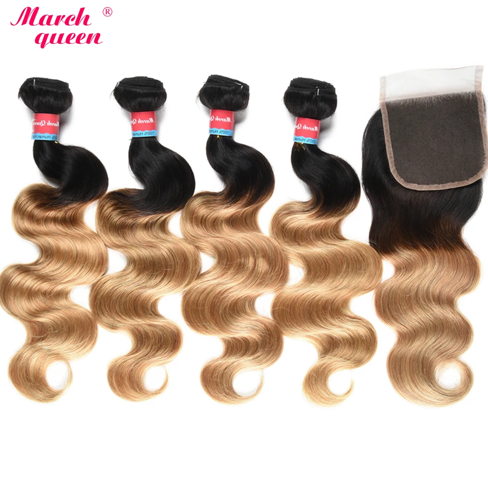 

March Queen Ombre Peruvian Human Hair Bundles With 4x4 Lace Closure T1B/27 Body Wave 4 Bundles Double Weft Hair Extensions