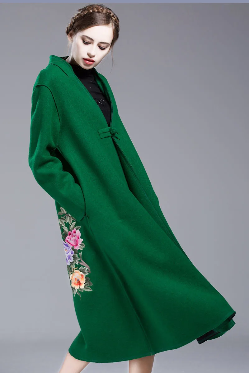 Высококачественные осенне-зимние тренчи для женщин больших размеров винтажное элегантное шерстяное теплое пальто с цветочной вышивкой женское L-XXXL