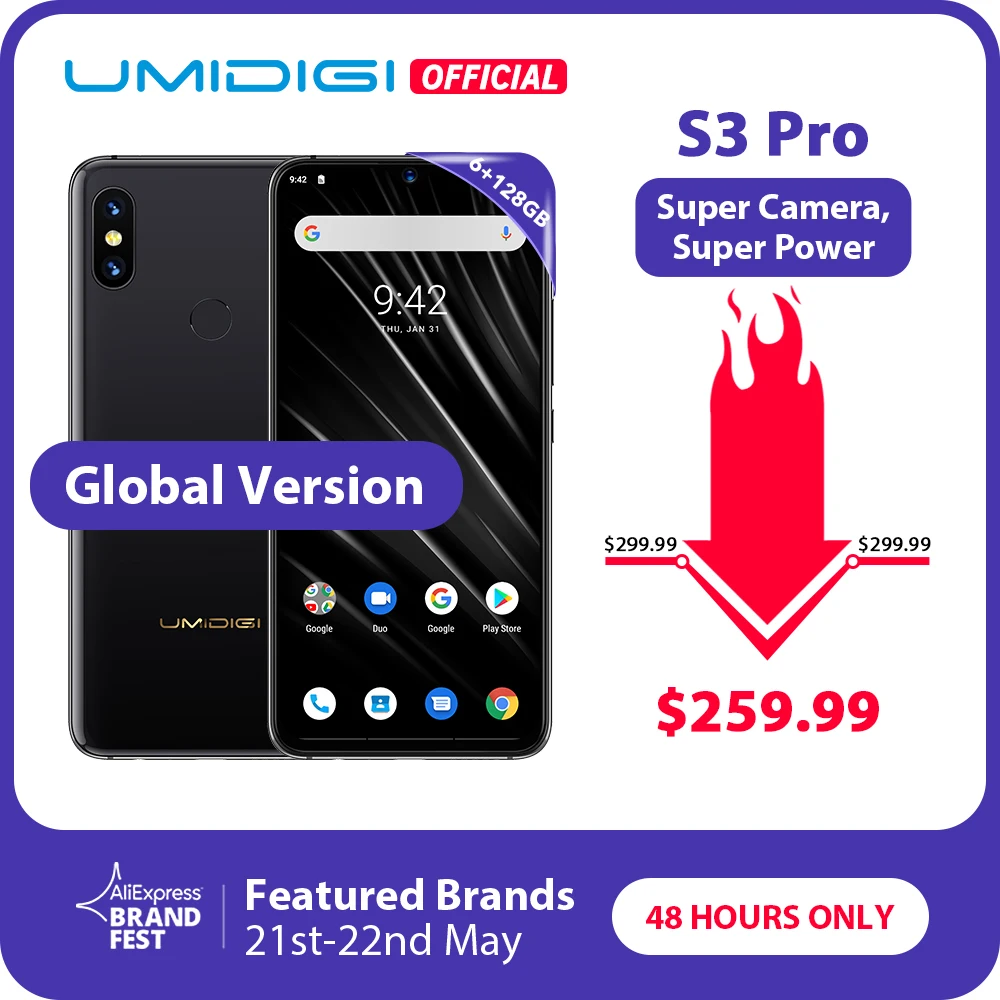 

UMIDIGI S3 PRO Android 9.0 48MP+12MP+20MP Super Camera 5150mAh Big Power 128GB 6GB 6.3" FHD+ NFC Ceramic Global bands Smartphone