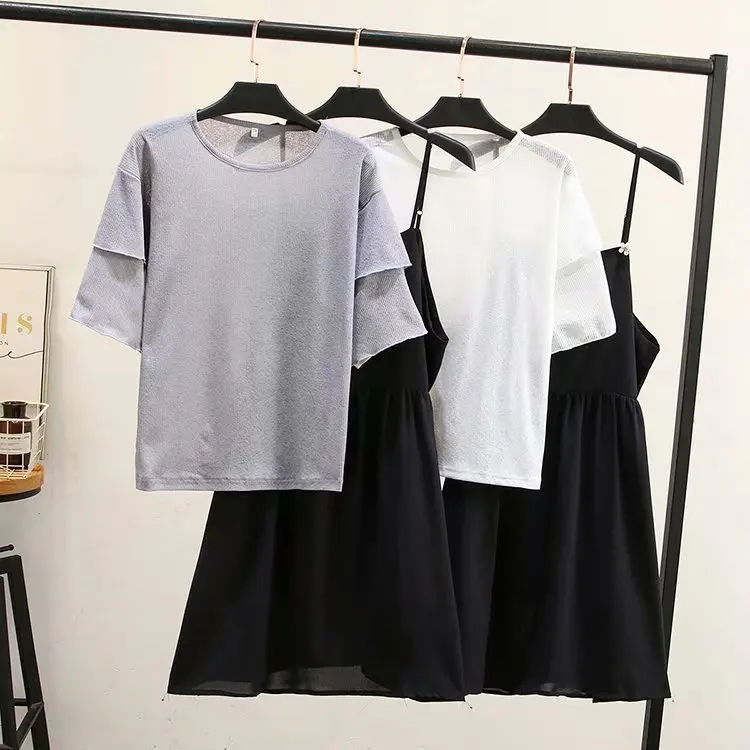 

plus Size Casual Two piece Set Summer 2019 Women Clothing Fashion Loose Short sleeve T-shirt + Spaghetti Strap Dress T52-9825