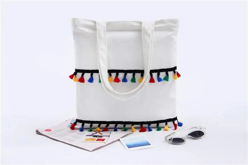 KANDRA 2019 Layered Colorful Tassel Canvas Shopping Tote Bag Women Zipper Durable Shoulder Bag Female Shopping Bags Wholesale