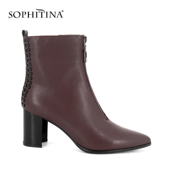 

SOPHITINA Winter Ankle Women Boots High quality genuine leather Solid Pointed toe High Square Heels Shoes Warm Casual Boots B90