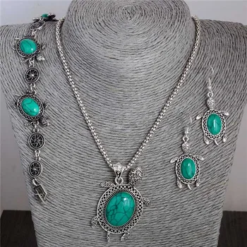 

SHUANGR Green/Red/White Stone Sea Turtle Pendant Necklace Bracelet Earrings For Women Gem Tortoise Lucky Animal Jewelry Sets