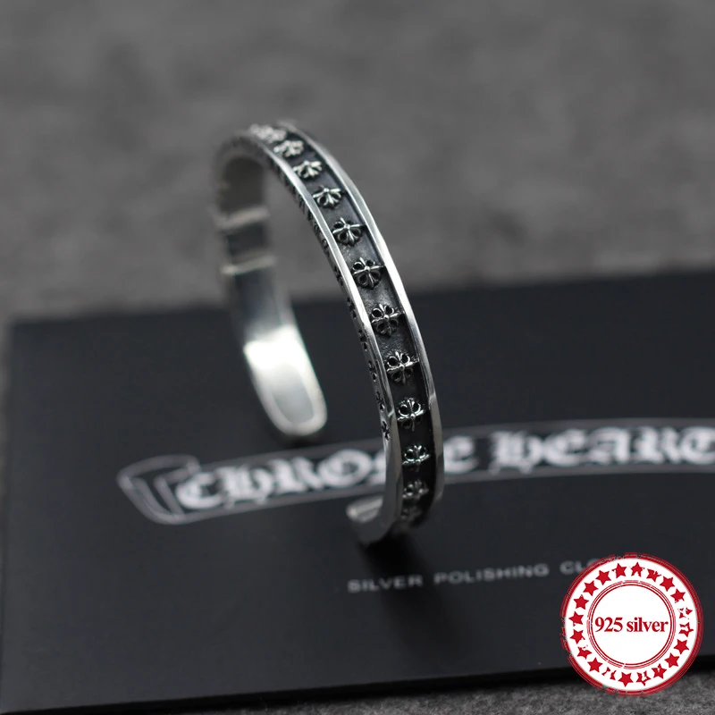 

S925 sterling silver men's bracelet personality retro domineering fashion punk style hip-hop cross gift to lover Bangles