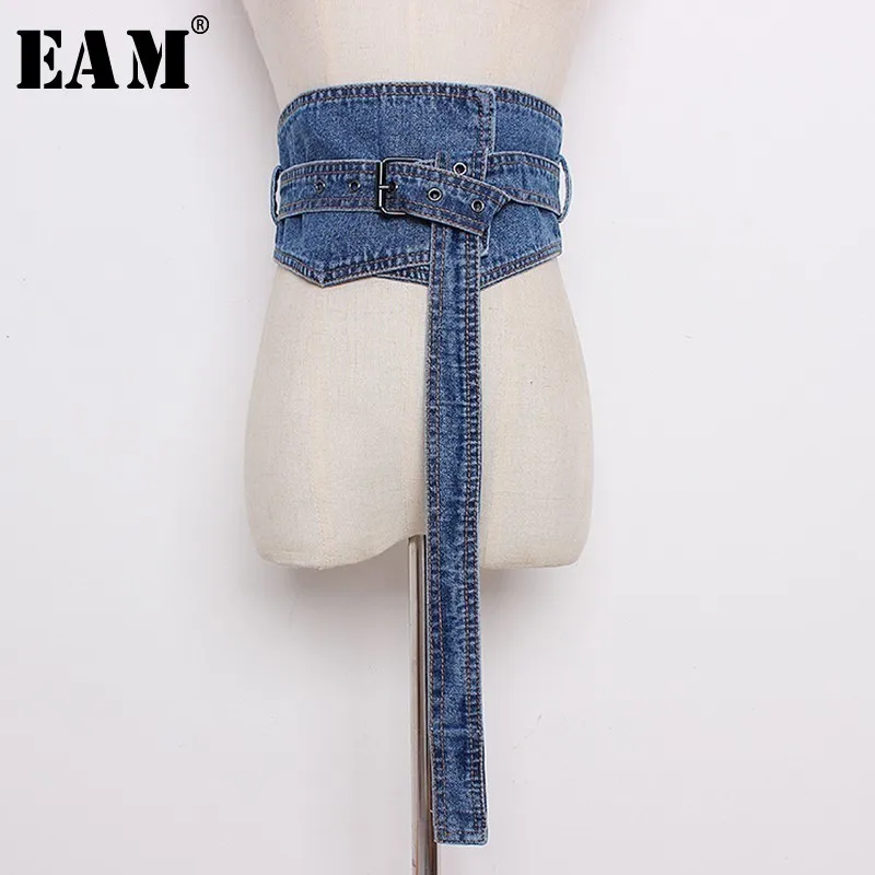 

[EAM] 2019 New Spring Summer Solid Color Loose Long Wide Buckle Split Joint Loose Denim Belt Women Fashion Tide All-match JI272