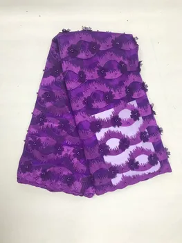 

new Purple 3D beaded lace fabric 2019 high-quality mesh embroidery decal 3D floral tulle Nigerian lace fabric bride