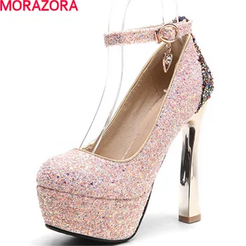 

MORAZORA big 34-44 round toe platform shoes glitter buckle extreme high heels shallow pumps women shoes