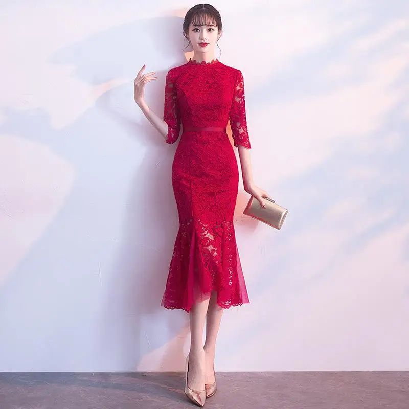 Сексуальное Вечерние Платье длинное Cheongsam женское кружевное тонкое платье свадебное платье роскошное свадебное Qipao модная одежда Vestido - Цвет: Burgundy