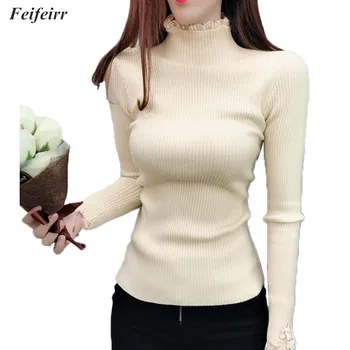 

Autumn and winter new 2018 Korean lace stitching half-neck sweater women thickening head Slim long-sleeved sweater Mujer