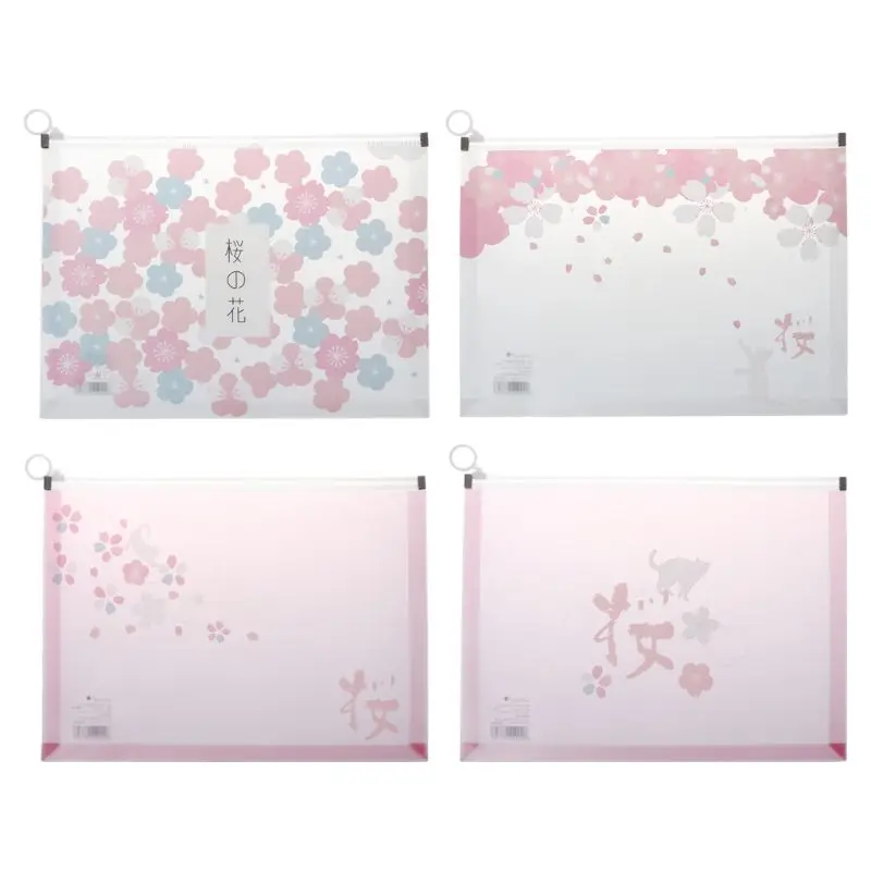 

Japanese Cherry Girl Cartoon Print File Bag Plastic Zippered Folder Envelopes Clear Poly Pouch Envelopes File Document Holder