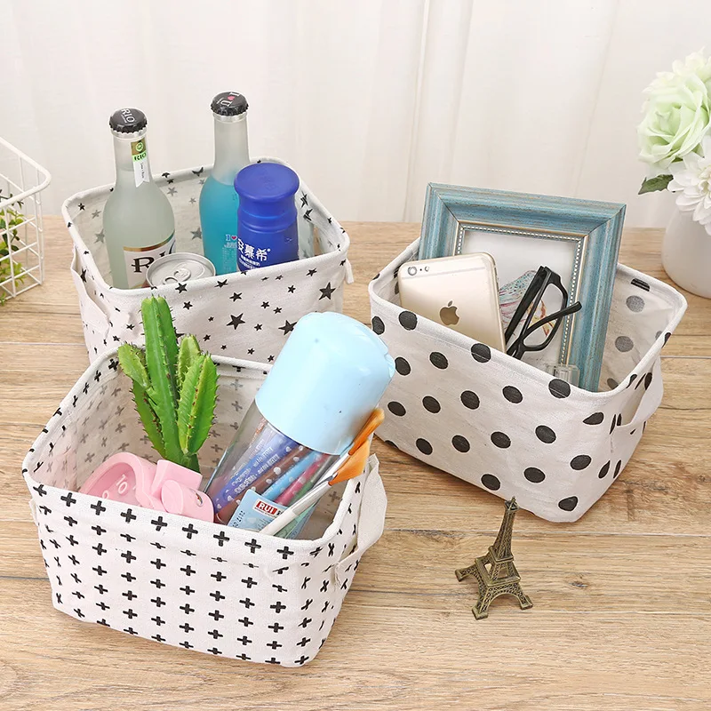 

Cotton Linen Canvas Desktop Storage Basket Sundries Storage Box with Handle Desk Container Makeup jewelry Organizer