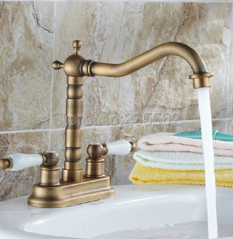 Antique Brass Deck Mounted Bathroom Basin Faucet Dual Ceramic Handle Kitchen Sink Mixer Tap Swivel Spout Faucets lnf259 kitchen faucet swivel spout vessel sink mixer tap ceramic handle deck mounted antique brass