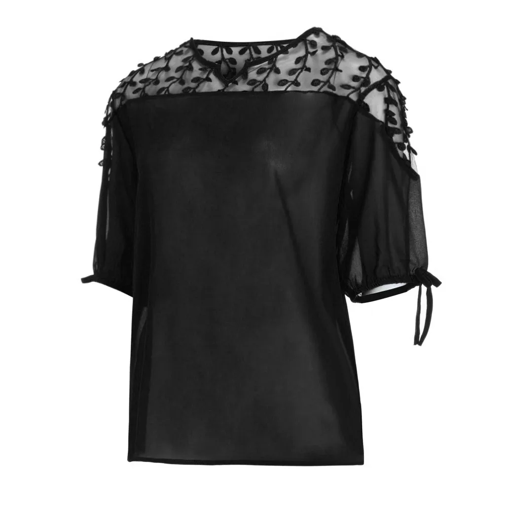 Plus Size Summer Fashion Casual Chiffon Tops Bow Blouse Mesh Tee Top Female Women's Half Sleeve Shirt  