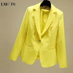 LXMSTH цвет желтый, синий; размеры 34–43 Блейзер Для женщин Тонкий One Button верхняя одежда женские офисные Короткие Блейзер с длинным рукавом