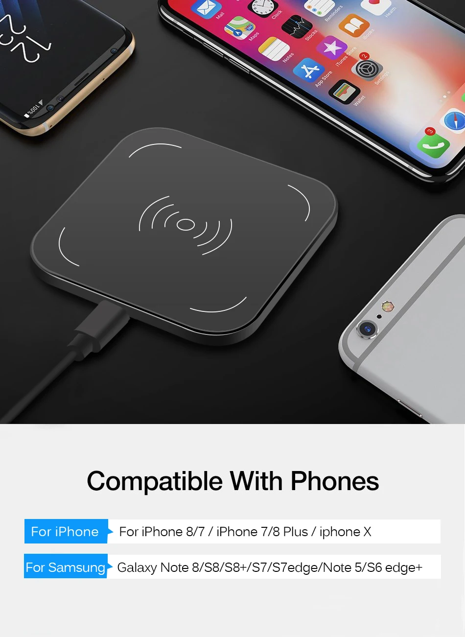 CinkeyPro Wireless Charger Charging Pad for iPhone 8 10 X Samsung S7 S8 5V:1A Adapter Charge Mobile Phone QI Device Universal 5