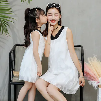 

Summer 2019 Cute Mother Daughter Dresses Mom and Daughter Sundress Bowtie sleeveless shirts Family Look Family Matching Outfits
