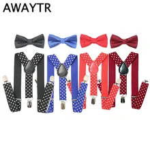 AWAYTR 1PCS kids Polka Dot Suspenders Elastic Adjustable Y-Back Braces Clip-on Bowtie Bow Ties Kids Wedding Party Accessories