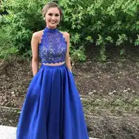 Vestidos de Graduacion Lace Satin High Neck 2 Piece Prom Dresses Floor Length with Pockets Formal Dress Women
