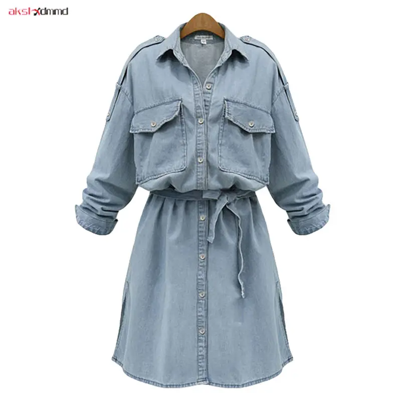 

Casual Loose Denim Dress Women Vintage Sashes Long Sleeve 2019 Autumn Female Clothing Knee-length Plus Size Vestidos AC083