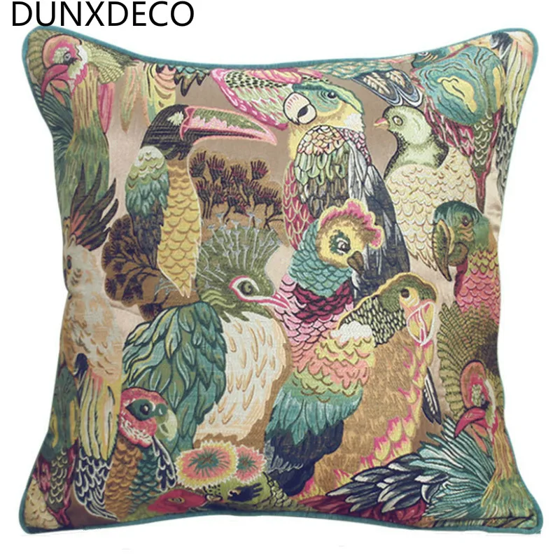 

DUNXDECO Cushion Cover Decorative Pillow Case Modern American Style Jungle Birds Parrot jacquard Art Design Coussin Sofa Decor