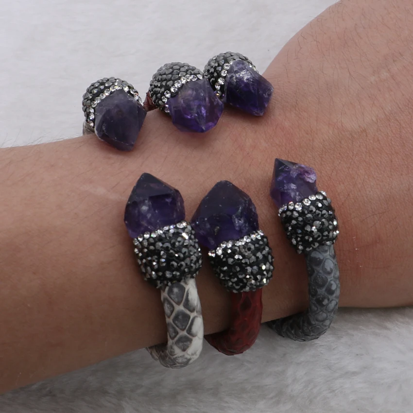 

Wholesale 4Pcs Real snakeskin Leather Bracelet Genuine Leather & natural purple stone adjustable bangle bracelet for women 740