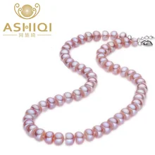 ASHIQI Настоящее 8-9 мм Ожерелье из натурального пресноводного жемчуга розовый фиолетовый жемчуг ювелирное изделие модное ожерелье s для женщин подарок